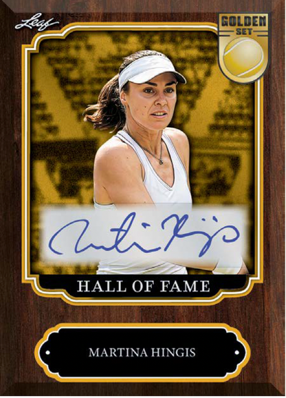 Martina Hingis autographed trading card from a Larry Foyr Golden Set Hall of Fame series, featuring a portrait of the tennis player on a gold-toned background with a dark wood frame.