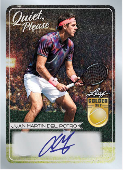 Juan Martin Del Potro Leif Golden Set trading card featuring a tennis player in action, with a silver border, 'Quiet, Please' text, and a blue autograph.