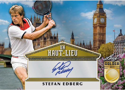 A collectible tennis trading card featuring Stefan Edberg in a white and red tennis outfit, holding a racket against a backdrop of London landmarks including Big Ben and the Houses of Parliament. The card has a gold and white house-shaped frame with 'UN HAUT-LIEU' at the top, a blue autograph, 'STEFAN EDBERG' at the bottom, and a 'Leaf Golden Set' logo on the right.