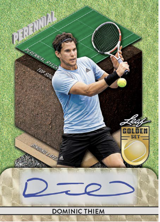 A collectible tennis trading card featuring Dominic Thiem in a light blue shirt and black shorts, holding a tennis racket with a yellow ball. The card has a green grass court background, a layered brown pedestal graphic, a gold 'Leaf Golden Set' logo, and a blue autograph at the bottom.