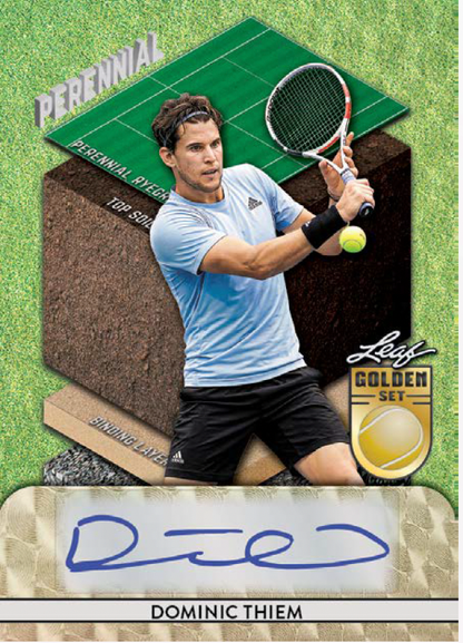 A collectible tennis trading card featuring Dominic Thiem in a light blue shirt and black shorts, holding a tennis racket with a yellow ball. The card has a green grass court background, a layered brown pedestal graphic, a gold 'Leaf Golden Set' logo, and a blue autograph at the bottom.
