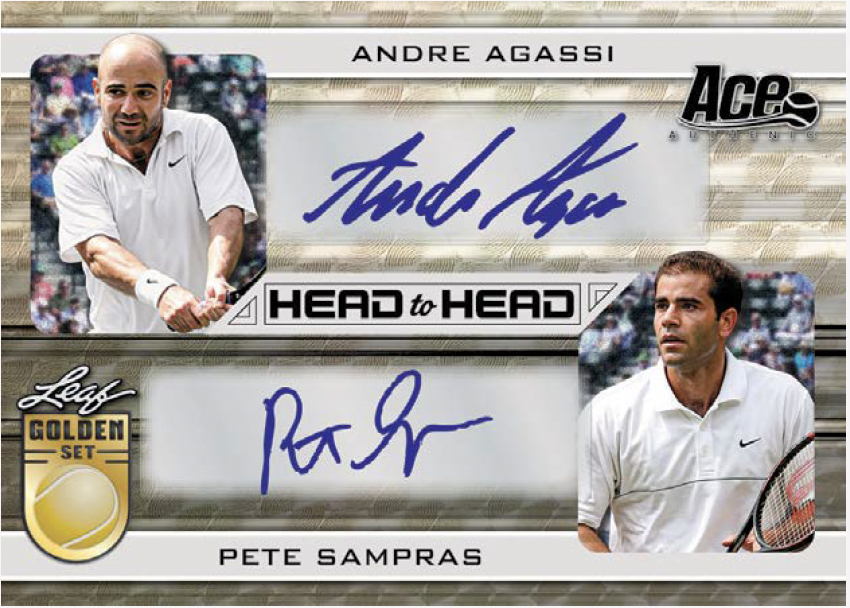 Ace Sports Leaf Golden Set head-to-head trading card featuring Andre Agassi and Pete Sampras, with autographed signatures and photos of both tennis players.